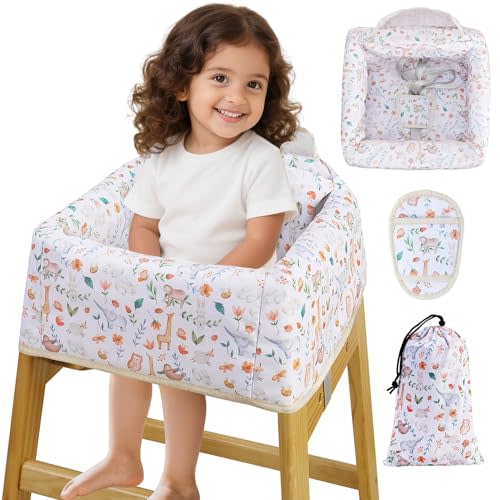 Lunobubo High Chair Cover Portable with 3-Point Harness, Waterproof Baby Seat Cover for Restaurant Travel Home Use, Machine Washable, Fits Wooden Chairs (Yellow Animal)
