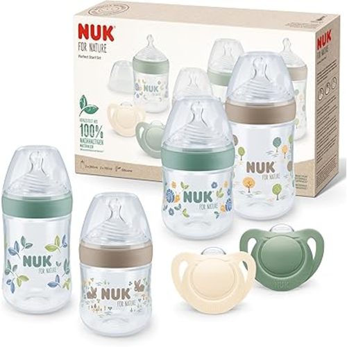 NUK for Nature Perfect Start Baby Bottle & Dummy Set | 0-6 Months | 100% Natural Raw Materials | 4 x Bottles (150 ml & 260 ml) | 2 x Silicone Pacifiers | BPA-Free | 6 Count