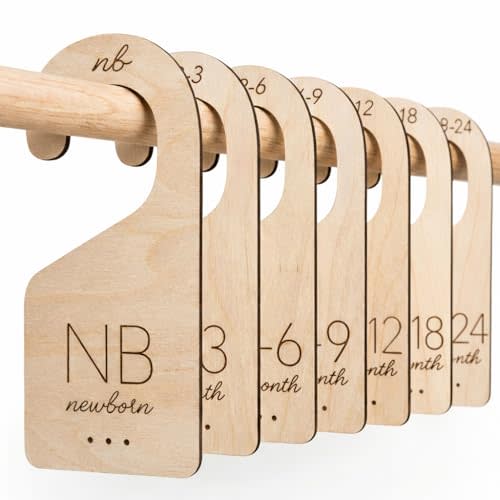 White Loft Baby Closet Dividers in Natural Birch Wood - Wooden Nursery Closet Organizer with Etched Labels for Newborn to 24 Months - 7 Piece Gift Set
