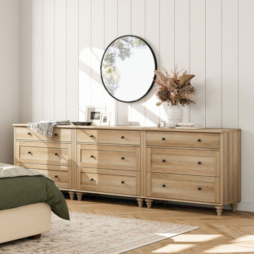 Charlton Home® Scarlett 3-in-1 Oak Dressers With 9 Wide Chest Of Drawers, Large Wood Dressers For Living Room, Nursery, Hallway & Reviews | Wayfair
