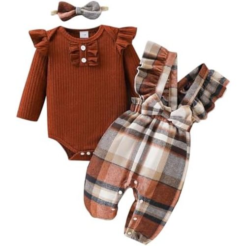 ​Baby Girls 3-Piece Boutique Set, Long Sleeve Ruffle Romper with Fuzzy Plaid Overalls and Matching Headband​