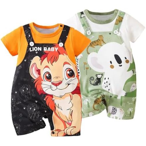 2-Pack Baby Boys Girls Romper Newborn Cartoon Koala Lion Print Short Sleeve Onesie Summer Clothes