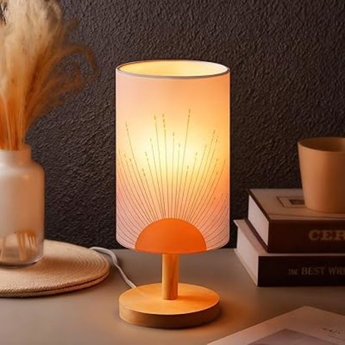 Bonuci Bedside Table Lamp for Bedroom Boho Desk Lamp Minimalist Bedside Desk Lamp 3W Sun Background Trendy Abstract Geometric Small Night Stand Lamp with Wood Base for Bedroom Living Room Desk Office