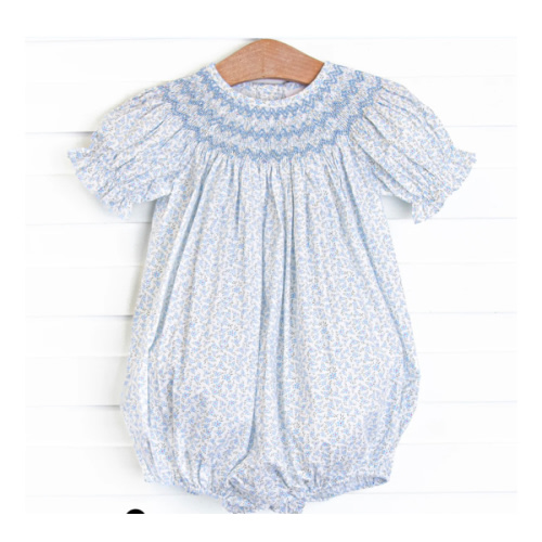 Blue Blooms Puff Sleeve Smocked Bubble, White – Stitchy Fish