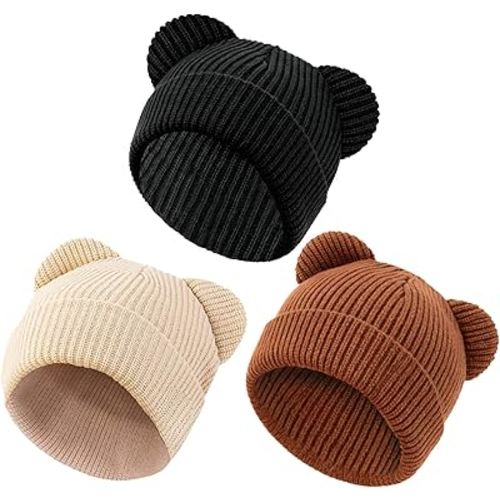YukiniYa Baby Beanie Cute Toddler Winter Hat 3 Pack Soft Double Layers Knit Warm Cap for Infant Girls Boys Kids 0-8 Years