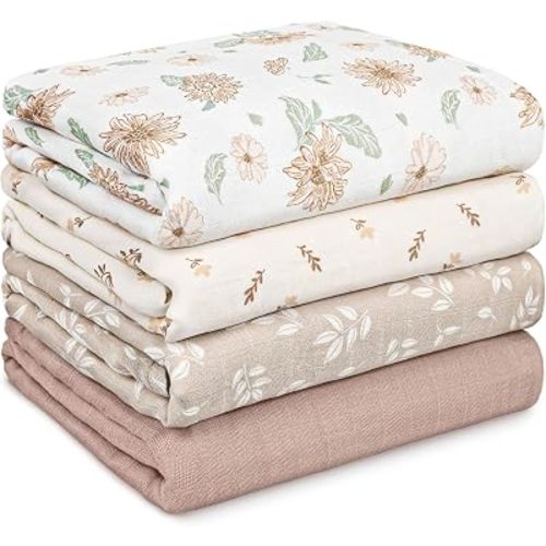 GLLQUEN BABY Muslin Swaddle Blankets 4-Pack Breathable Receiving Blankets (35" x 40") Soft Baby Blankets for Girls and Boys Newborn Essentials Muslin Burp Cloths Swaddle Wrap Baby Gift(Sunflower)