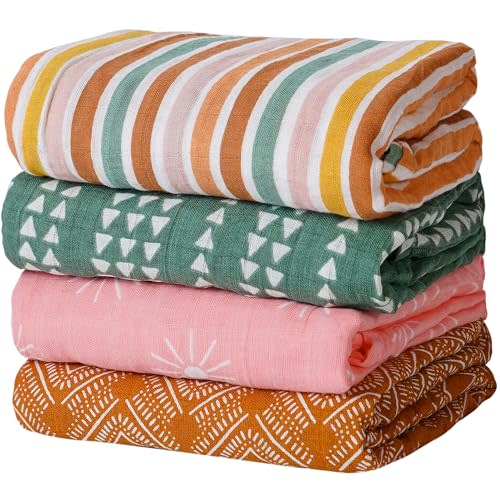 CoolaPeach 4 Set Muslin Swaddle Blankets for Newborn Baby Boys, Girls,Receiving Blankets-Cute Soft Print Baby Towel Wrap 120x110cm Baby(Leaf)