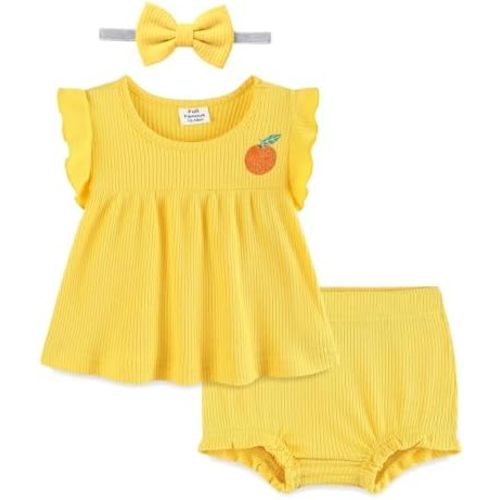 Fullfamous Baby Girl Summer Clothes 3 Piece Cotton Rib Ruffle Sleeve Babydoll Top and Bloomer Shorts Clothing NB-24Months