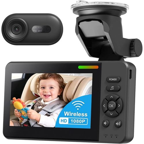 Wireless Baby Car Camera Monitor – 4.3" Display + 360° Rotating Cam for Rear-Facing Seats, No Wi-Fi Needed,1080P HD with Auto IR Night Vision, USB & Battery Powered,Easy-Install
