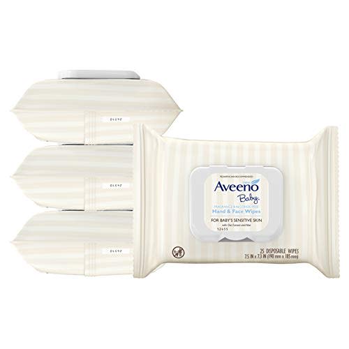 Aveeno Baby Hand & Face Cleansing & Moisturizing Wipes with Oat Extract and Aloe, Fragrance-Free Wipes for Sensitive Skin, Free of Sulfates, Alcohol, Parabens, and Dyes, White, 25 Count