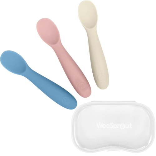 WeeSprout Baby Spoons for Self Feeding, Soft & Durable Silicone for Sensitive Gums & Teeth - Matte Blue, Matte Pink, Matte Off White