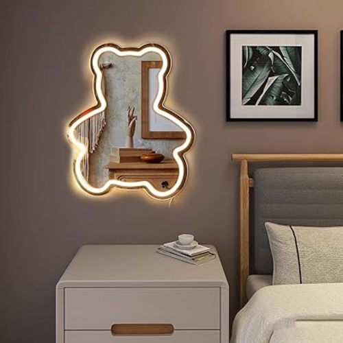 Bear Mirror Neon Sign Wall Art Sign for Wall Decor LED Neon Mirror Light Sign for Girls Room Bedroom Wedding Birthday Party