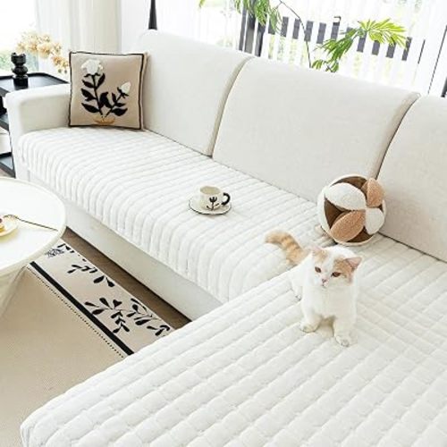 Velvet Couch Covers 2 Packs, Sectional Couch Covers Non-slip, Pet Couchs Cover L Shaped, Funny Fuzzy Sectional Sofa Cover, Furniture Slipcovers for Livingroom, Bedroom, RV[35.4"x(70.8"+94.5"),White]