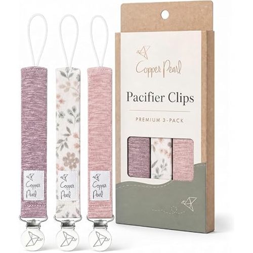Copper Pearl 3-Pack Pacifier Holders: Premium Knit Binky Clips for Baby Girls and Boys - Stylish Stainless Steel Design for Secure No-Drop Attachment - Air