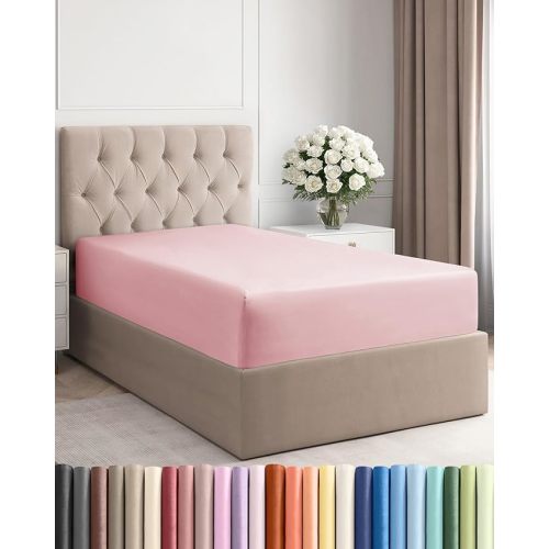 Twin Fitted Bed Sheet - Bottom Single Fitted Sheet Only - Ultra-Soft Hotel Luxury Bedding w/ 8-16 Inch Deep Pockets - Breathable, Cooling & Wrinkle Free - Easy-Fit, Fade & Shrink Resistant - Baby Pink