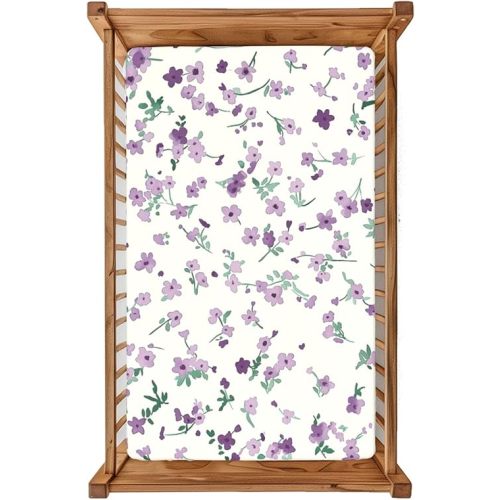 Flower theme Fitted Crib Sheet,28"x 52" Breathable, Soft Baby Bedding, Ideal for Boys & Girls – Easy to Clean with Long-Lasting Durability,Sage Decorative Pattern &Purple Green