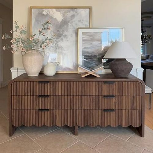 59" Scalloped Walnut Dresser for Bedroom,Fluted 6 Drawer Dressers, Chest of Drawers Espresso Dresser for Nursery and Kids Room, Living Room,TV Stand
