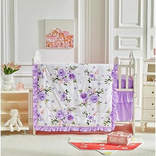 3 Pieces Flowers Crib Bedding Set Baby Ruffled Quilted Comforter with Fitted Sheet and Bed Skirt - Cute Ruffled Shabby Chic Baby Bedding Soft Blanket Floral Design