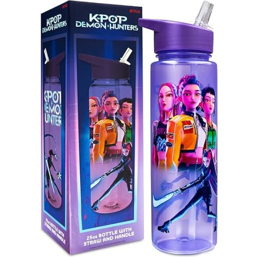 KPop Demon Hunters Officially Licensed Huntrix Water Bottle for Girls, 25oz Leak Proof with Straw Lid, Gifts for Girls