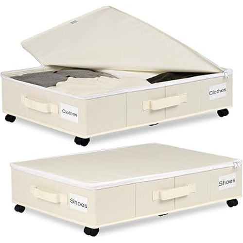 Under Bed Storage with Wheels, 2 Pack Under Bed Storage Containers with Label Holders for Clothes, Shoes and Blankets, Rolling Underbed Shoe Organizer with Cover, Beige (30.71x15.7x7.28 in)