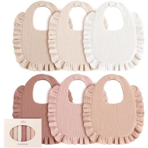 Konssy 6-Pack Muslin Baby Girl Bibs, Absorbent Drool Bibs with Ruffle Trim