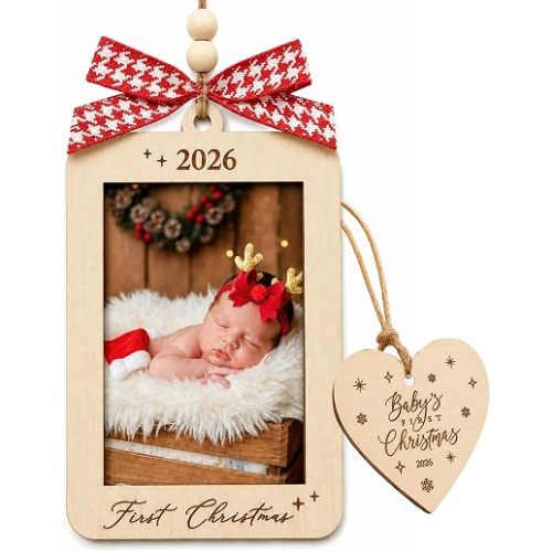 Baby's First Christmas Ornament 2026 - Personalized Photo Frame Ornament with Heart Wood Tag, Wooden 2.75x4 Inch Keepsake for Newborn Baby's First Christmas, New Baby Gift, Giftable Box