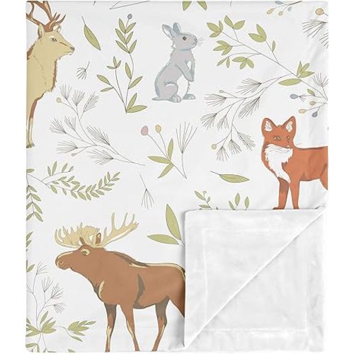 Sweet Jojo Designs Bear Deer Fox Woodland Animal Toile Baby Boy or Girl Receiving Security Swaddle Blanket for Newborn or Toddler Nursery Car Seat Stroller Soft Minky - Grey, Green, and Brown