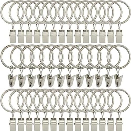 40 Pack Curtain Rings with Clips, Drapery Clips with Rings, Drapes Rings 1.26 in Interior Diameter, Fits up to 1 in Curtain Rod, Matte Silver