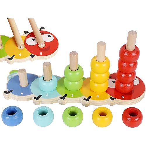 TOWO Wooden Stacking Rings Baby –Lovely Caterpillar Counting Game - Colour Sorting Puzzle - 5 Pegs Ring Stacker - Counting Rings Early Learning Wooden Toys for 1 Year Old Gift First Birthday Boy Girl
