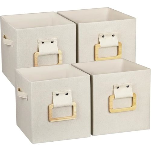 Collapsible Fabric Storage Cubes Organizer with Wood Handle, Cube Storage Bins Foldable Baskets for Organizing Home Office Closet Clothes Books, 10.5x10.5x11 Inch, 4 Pack, Beige