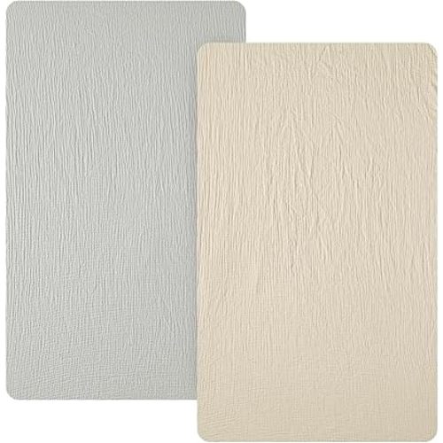 david's kids Muslin Mini Crib Sheets, 2 Pack Cotton Pack N Play Sheets for Boys Girls Neutral, Soft Breathable Baby Sheets Fit Pack N Play, Playard and Mini Crib Mattresses, Oat Milk & Light Gray