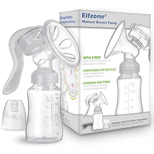 Elfzone Manual Breast Pump - Adjustable Suction Silicone Hand Pump Breastfeeding, Small Portable Manual Breast Milk Catcher Baby Feeding Pumps & Accessories, White, Mother’s Day Gifts