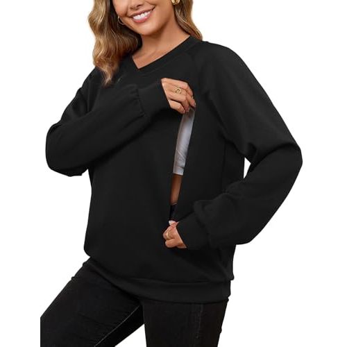 Bhome Nursing Sweatshirt Long Sleeve V Neck Breastfeeding Shirts Zipper Maternity Pumping Tops Pregnancy Sweater Pullover