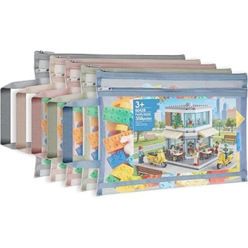 5 Pack Double-Layer Colored Mesh Zipper Pouch Bags with Handles, Nylon A4 Mesh Toy Storage Organizer Bags for Building Blocks, Puzzles, Suitable for Games, School, Office