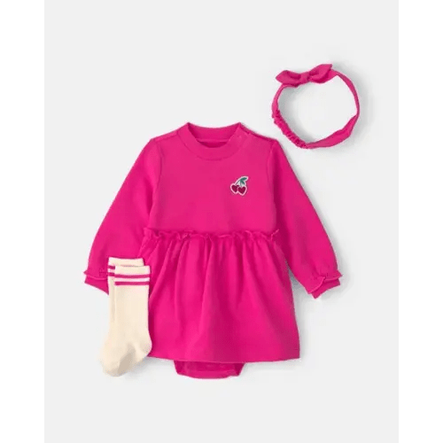 Baby Girl 3-Piece Cherry French Terry Long-Sleeve Dress Set - Pink | Carter's