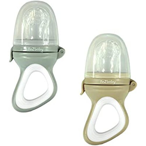 RaZbaby Baby Solids/Frozen Fruit Feeder Pacifier, Infant Teether Toy 6M+, BPA-Free Silicone Pouch & Nipple, Safely Introduce Solids, Teething Relief, Dishwasher Safe, Freezable, 2-Pack – Grey & Tan