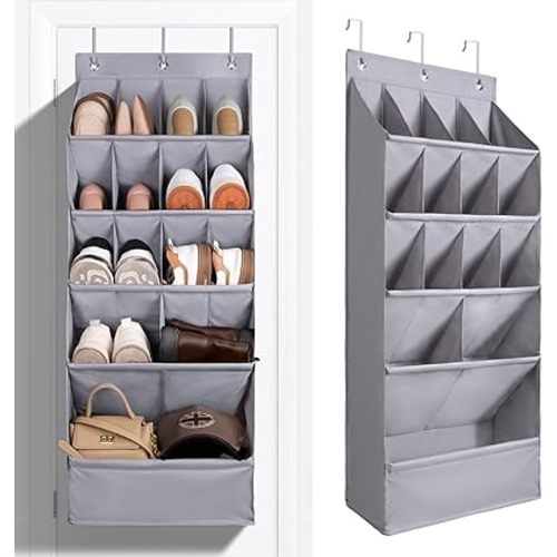 FENTEC 1 Pack Over-the-Door-Shoe-Organizers, Hanging Organizers with Large Pocket Shoe Holder Hanging Shoe Rack for Closet Shoe Organizer for Wall, Over Door Organizer with 15 Pockets Gray