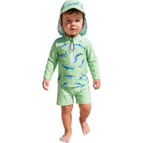 Hnyenmcko Toddler Baby Boys Swim Set Long Sleeve Rashguard Swimsuit Shirt Trunks Infant Bathing Suit Swimwear with Hat