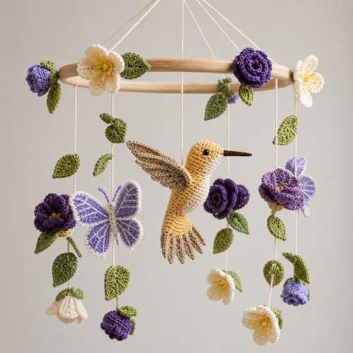 Hummingbird Mobile Nursery Bird Mobile, Purple Flower Crib Mobile Girl Lavender Nature Baby Mobile Girl Tropical Garden Decorations