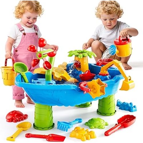 Kids Sand Water Table for Toddlers 1-3 3-5 Years, Outdoor Activity Play Set with Beach Toys, Shovels & Molds, Summer Outdoor Beach Outside Backgard Sensory Toys for Kids Boys Girls 1.5+ Years