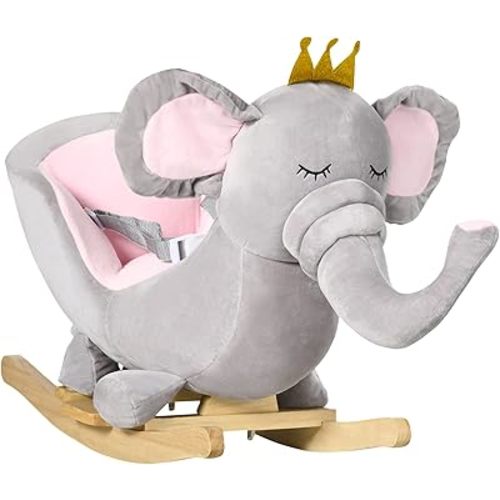 Qaba Baby Rocking Horse Elephant Rocking Chair Toddler Rocker Toy with Sound Wooden Base Seat Safety Belt for 1.5-3 Year Old, Gray