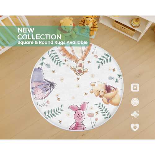 Winnie the Pooh Happy Friends Rug | Pastel Color Washable Kids Carpet with Green Leaves Design for Baby & Playroom Decor | Personalization