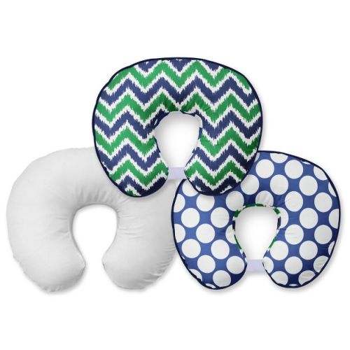 Bacati - 3 pc Chevron/Dots Navy Green Hugster Feeding & Infant Support Nursing Pillow with 2 removable zippered covers