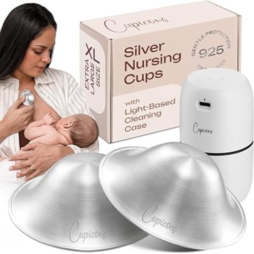 Nipple Shield Set, 925 Silver Nipple Covers Breastfeeding Soothing Nursing Cup w/Light-Based Cleaning Case for Cups, Pacifiers. Silver Nursing Cups against Soreness and Cracks, XL Size