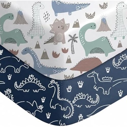 Yoofoss 2-pk Fitted Crib Sheets for Boys 52”x28” (Blue+Dinosaurs)
