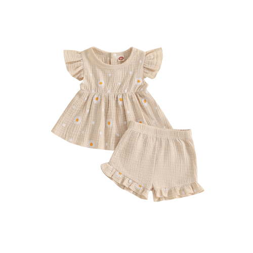 Loicainy Baby Toddler Girl Summer Outfit 3 6 12 18 24 Months Daisy Print Ruffled Crew Neck Flying Sleeve Tops and Shorts 2 Pcs Clothes Set