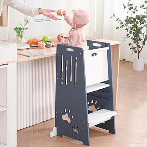 Kitchen Step Stool, Standing Tower for Kids, Adjustable Height Toddler Kitchen Tower with Anti-Slip Design & Safety Rails, Toddler Standing Step Stool with Wide Stable Base-Blue