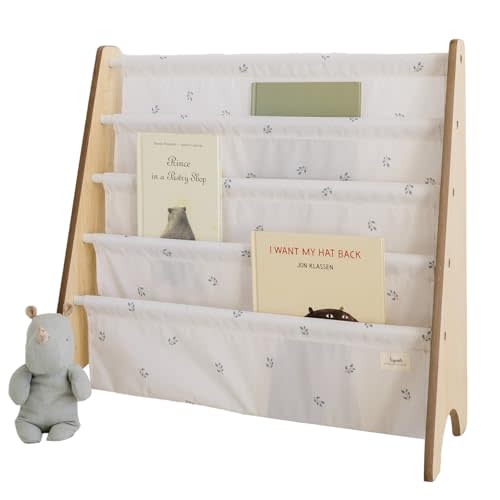 3 Sprouts Recycled Fabric Kids Bookshelf – 4-Tier Sling Book Rack Organizer - Nursery Room Playroom Classroom Wooden Book Shelves - Kid Bookcase Wood Storage Shelf for Toddler Age 3+ - Blueberry Ivory