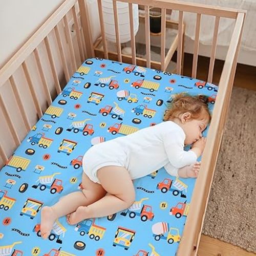 JISEN Baby Crib Sheets Soft Breathable Fitted Crib Sheets for Standard Crib and Toddler Mattress Baby Bed Sheets for Crib for Boys Girls Neutral 52x28 Inch Blue Trucks