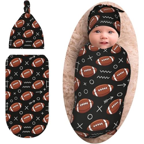 Football Baby Stuff Swaddle Blanket with Beanie Set, Soft Football Baby Blankets Newborn Swaddling for Girls Boys Gifts